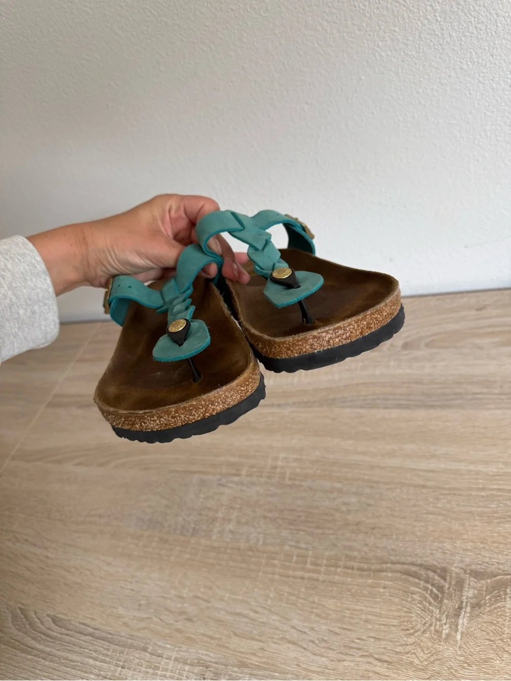 Birkenstock-Gizeh Braided oiled leather sandals in Biscay Bay women’s Sz 40/9